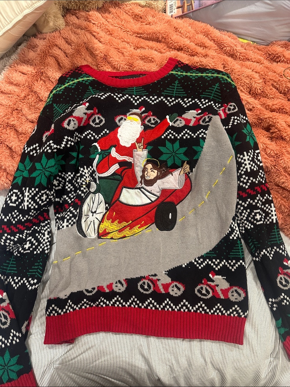 Men's Black and Red Holiday Crewneck Sweater with Santa Racing Graphic